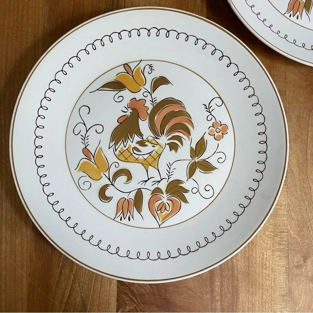 Vintage MCM Mikasa Cera-Stone Tamago 10.5" Dinner Plates Rooster Retro - Picture 2 of 7